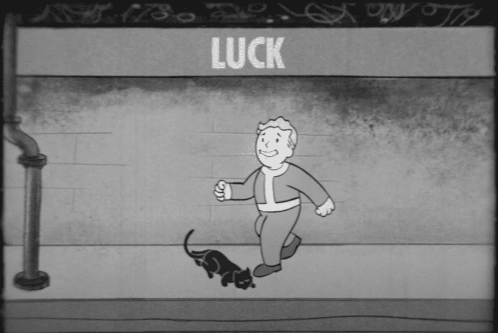 A Vault Boy walking cheerfully beside a black cat.
