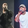 From the left, Drake and Kendrick Lamar. Both are holding microphones up to their mouths and performing on separate stages.