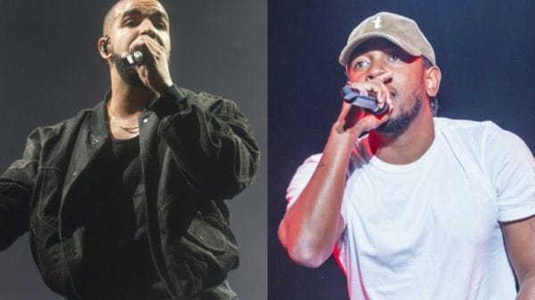 From the left, Drake and Kendrick Lamar. Both are holding microphones up to their mouths and performing on separate stages.