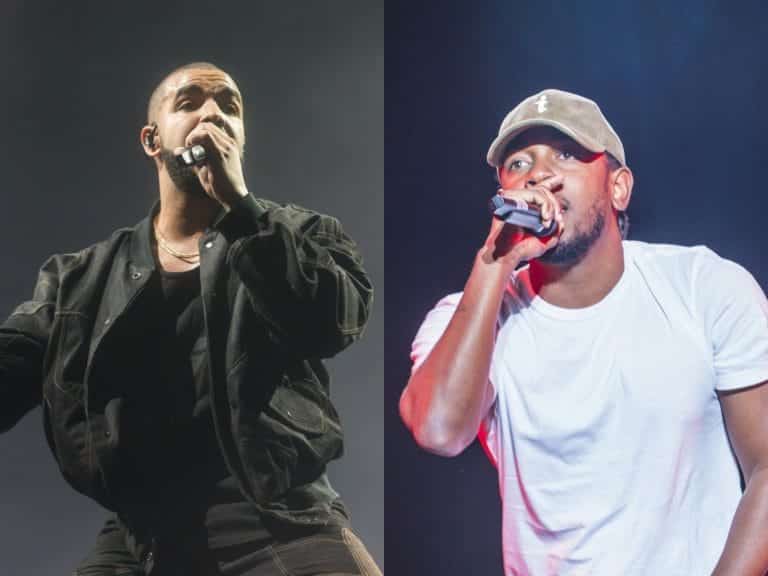 From the left, Drake and Kendrick Lamar. Both are holding microphones up to their mouths and performing on separate stages.