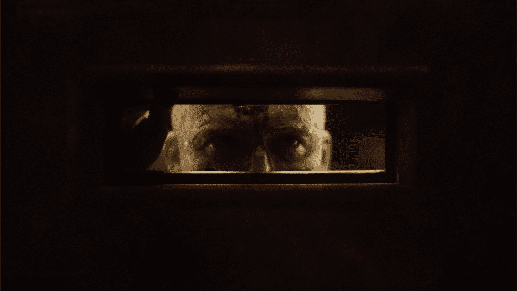 A creepy man with deformed skin is staring through the envelope slot of a door.