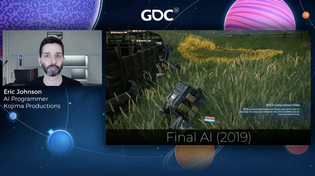 A screenshot of the virtual Game Developers Conference 2021 which shows Eric Johnson next to a screen recording that demonstrates the AI of NPCs in Death Stranding.