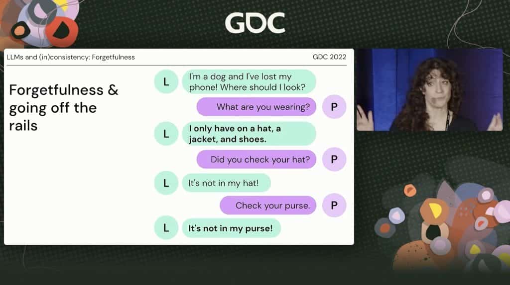 A screenshot of the Game Developers Conference in 2022 where Jane Friedhoff shows that her AI chatbot could not remember facts throughout a conversation.