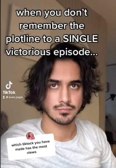 A screenshot from @avan.jogia's TikTok about how he does not remember filming anything on the Nickelodeon sitcom "Victorious"