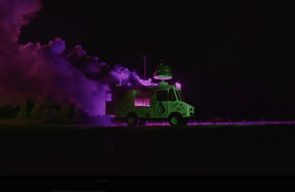Still from I Saw the TV Glow of a fantastical ice cream truck
