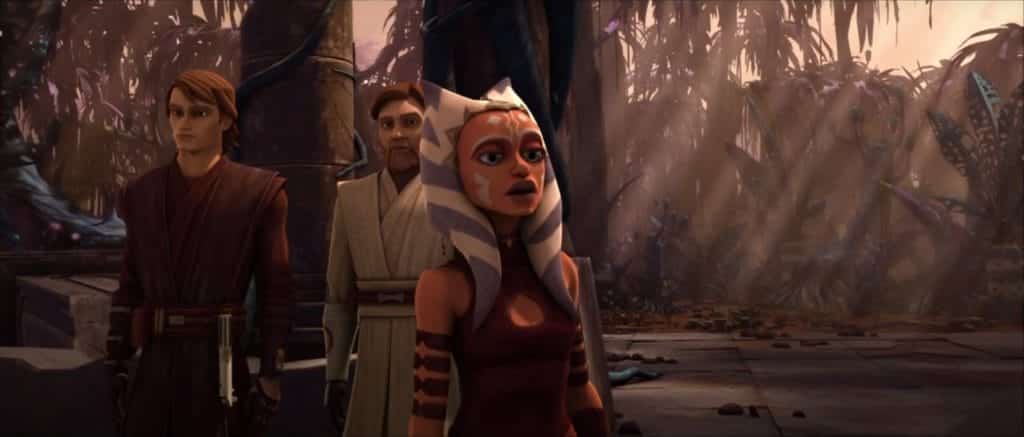 From left to right: Anakin Skywalker, Obi-Wan Kenobi, and Ahsoka Tano from Star Wars: The Clone Wars (2008-2014, 2020). Credit: YouTube/Star Wars
