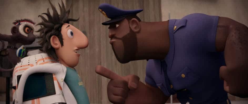Flint Lockwood and Earl, with the latter pointing accusingly at him
