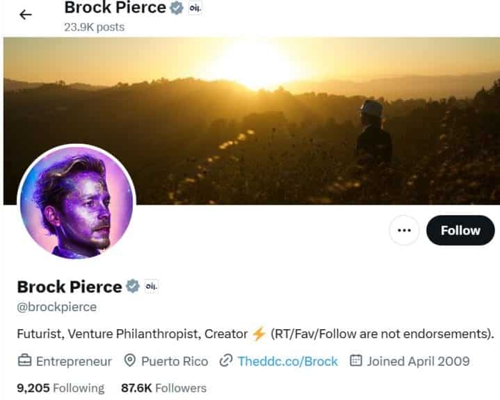 A screenshot of Brock Pierce's Twitter bio which reads 'Futurist, Venture Philanthropist, Creator'
