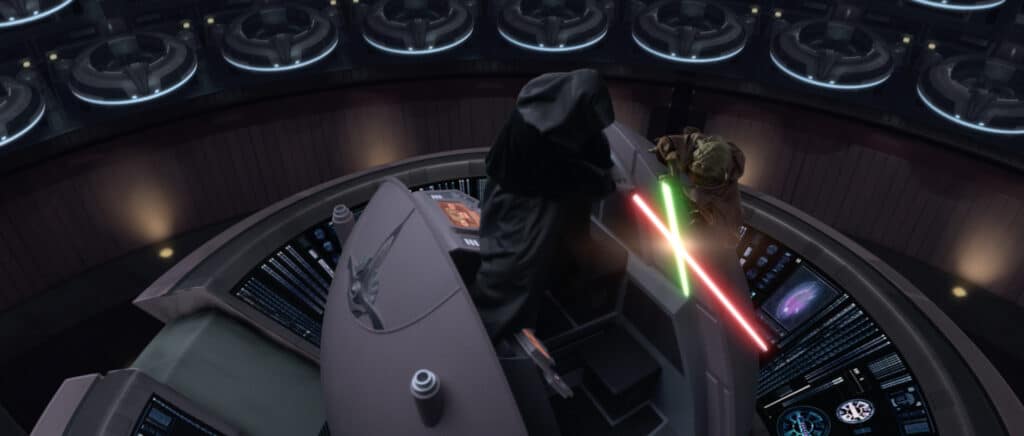 Yoda (Frank Oz) and Emperor Palpatine (Ian McDiarmid) duel at the Senate.