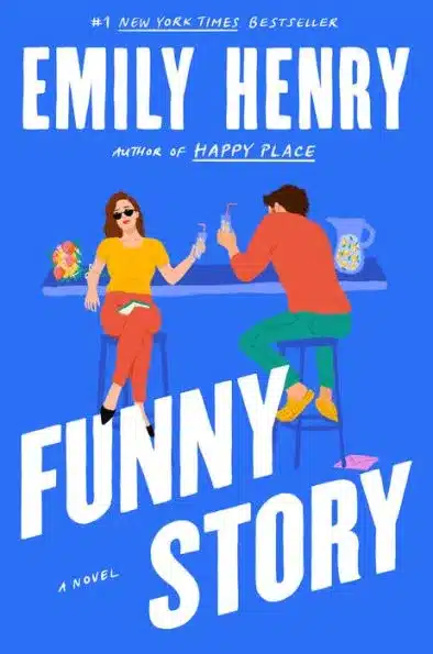 Bright blue book cover with a man and woman sitting beside each other.