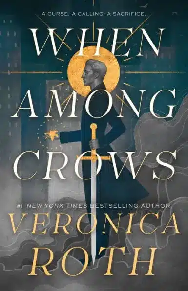 Fantastical figure standing with a sword behind white text.