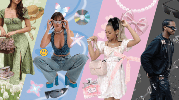 Collage of 4 different aesthetics showing people with green, blue, pink, and black backgrounds.