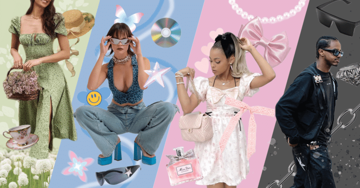 Collage of 4 different aesthetics showing people with green, blue, pink, and black backgrounds.