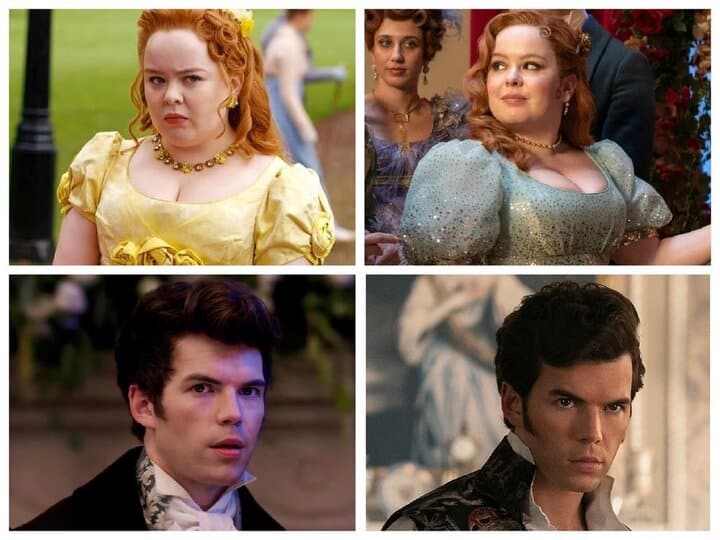 The top two photos show Penelope Featherington, a young, white, red-haired woman. In the left photo she is dressed in a yellow dress that washed her out. In the photo on the right, she wears a blue dress that suits her well. The bottom two photos are of Colin Bridgerton, a young, white, dark-haired man. In the photo to the left, he is baby-faced and unsure of himself. In the photo on the right, he exudes confidence and has a brooding expression.
