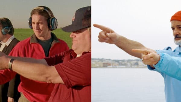 Two separate images; the first, four men in a field firing guns to their right, and in the second, two men at sea, pointing to the right.