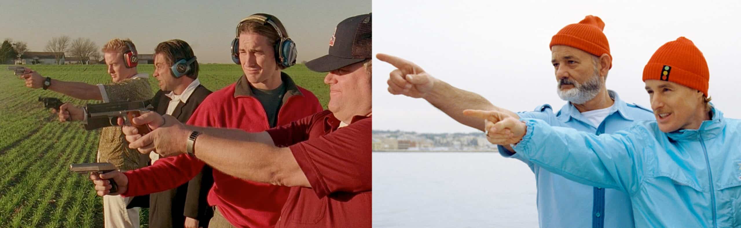 Two separate images; the first, four men in a field firing guns to their right, and in the second, two men at sea, pointing to the right.
