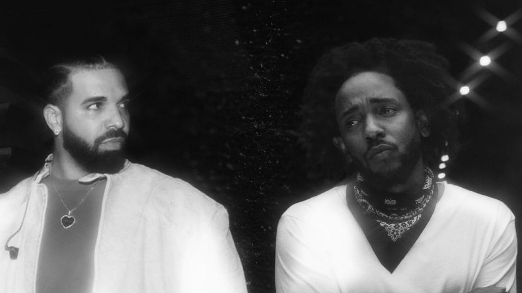 The rappers Drake and Kendrick Lamar over a black background.