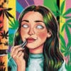 A cartoon woman applies lip balm in front of a colourful graphic displaying cannabis leaves in multiple colours. Her eyes are white.
