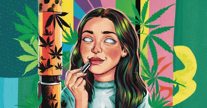 A cartoon woman applies lip balm in front of a colourful graphic displaying cannabis leaves in multiple colours. Her eyes are white.