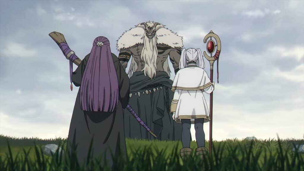 Two mages standing facing back towards a tall monster. They hold their staffs, ready to battle.