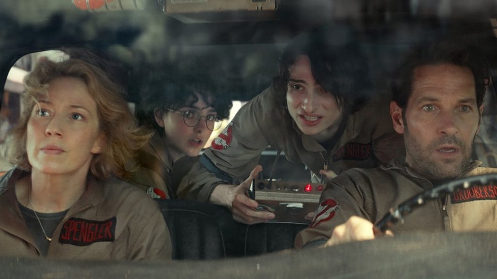 Carrie Coon, Mckenna Grace, Finn Wolfhard, and Paul Rudd in Ghostbusters: Frozen Empire.