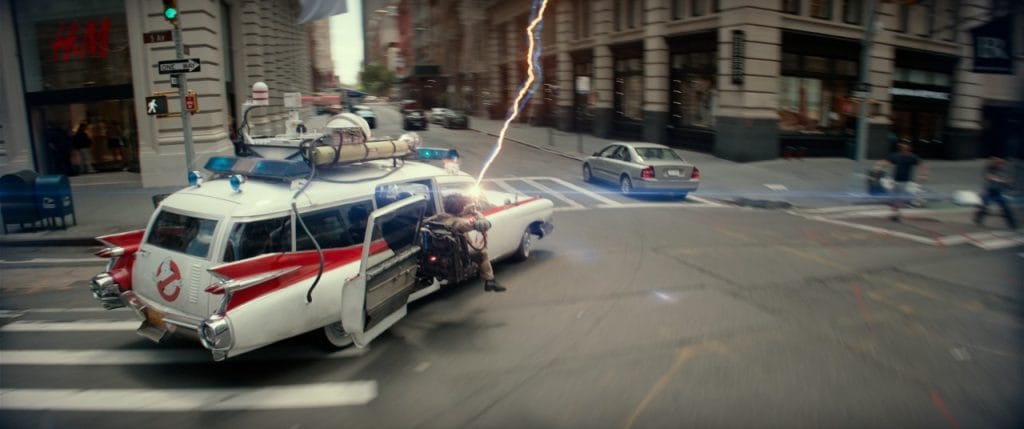The Ecto-1 races through the streets of New York City in Ghostbusters: Frozen Empire. 