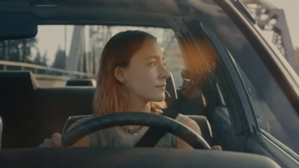 Saoirse Ronan looks emotional as she drives through Sacramento in the ending of "Lady Bird".