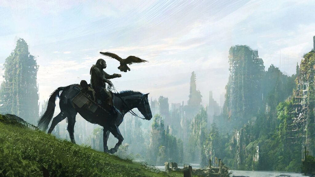 The ape observes the crumbling remnants of human civilization from atop his steed