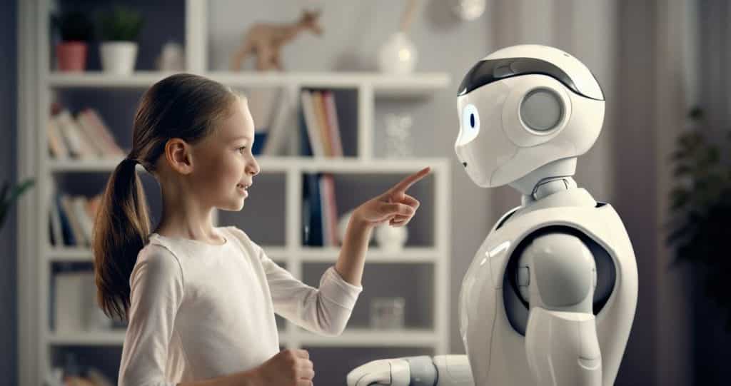 A cute girl is playing with a robot. This shows the concept of future training.