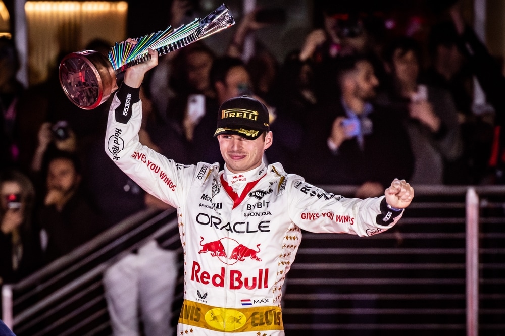 Las Vegas, USA. 19-11-2023. Formula 1 World Championship, Heineken Silver Las Vegas Grand Prix. Max Verstappen, Red Bull, winner of the race, on the podium.