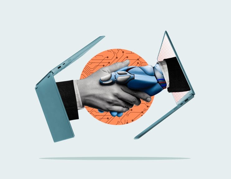 Handshake between a man and a robot.