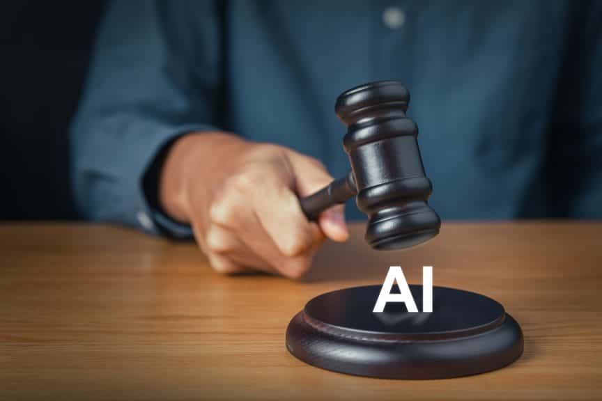 A hand holding a gavel hovering over the word "AI."