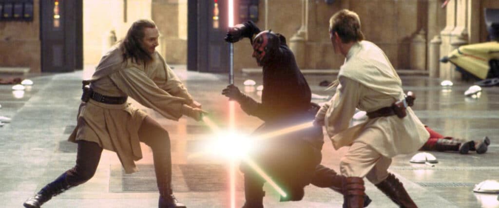 Liam Neeson, Ray Park, and Ewan McGregor in Star Wars: Episode I – The Phantom Menace.