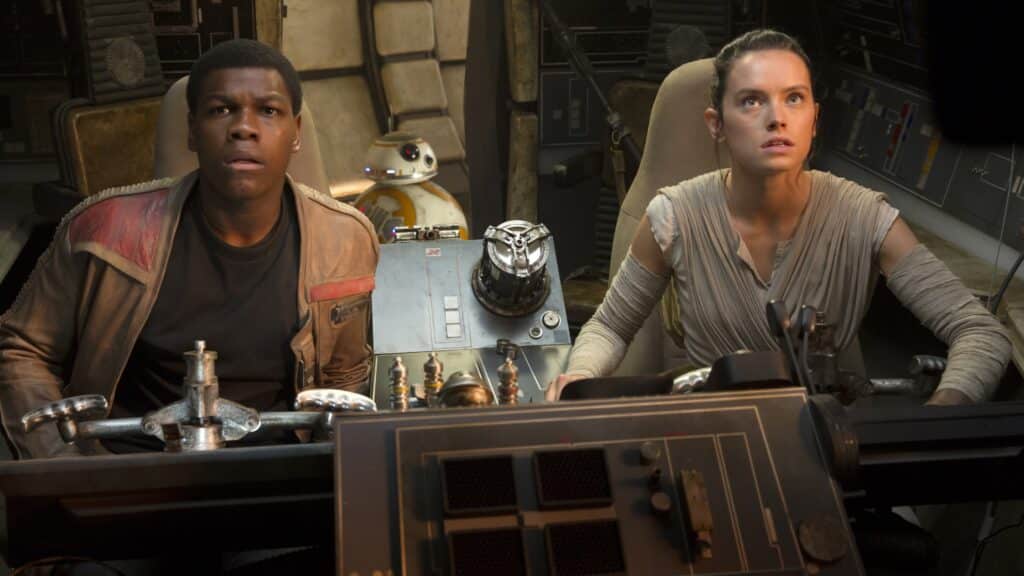 John Boyega and Daisy Ridley in Star Wars: Episode VII – The Force Awakens.