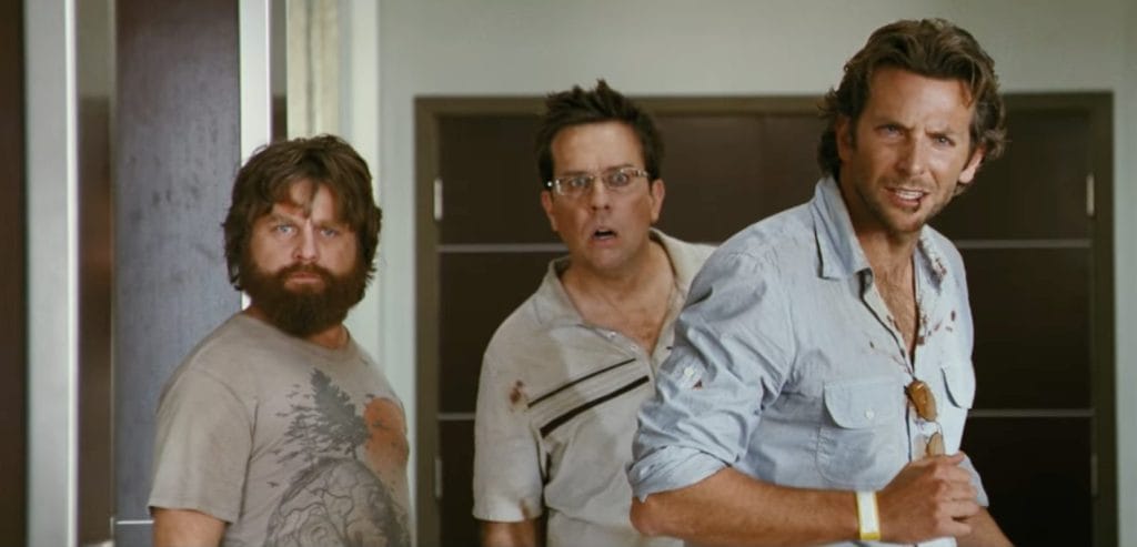 Alan, Stu, and Phil from the Hangover look at something in confusion.
