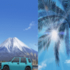 2 anime scenes split down the middle: A blue jeep driving past Mt Fuji in Japan, and a tall palm tree with the sun shining down through the leaves.