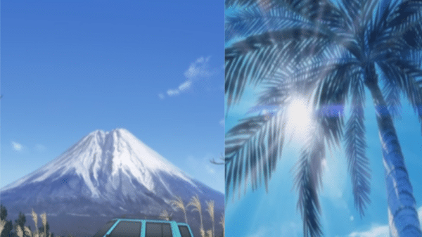 2 anime scenes split down the middle: A blue jeep driving past Mt Fuji in Japan, and a tall palm tree with the sun shining down through the leaves.