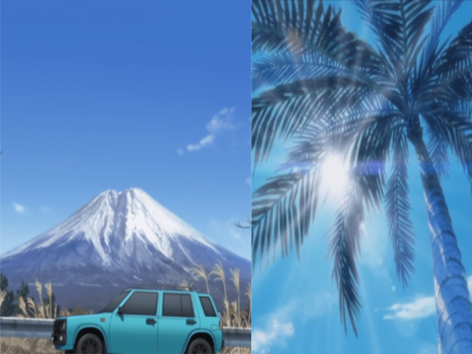 2 anime scenes split down the middle: A blue jeep driving past Mt Fuji in Japan, and a tall palm tree with the sun shining down through the leaves.
