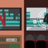 TV screen showing Netflix symbol over 0101 computer codes next to a movie theater screen shoing the same, but with a circled 4 where the Netflix symbol was.