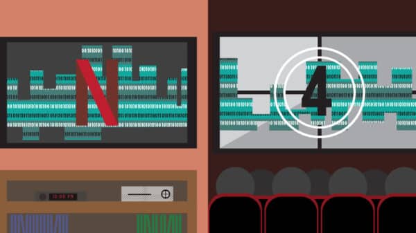 TV screen showing Netflix symbol over 0101 computer codes next to a movie theater screen shoing the same, but with a circled 4 where the Netflix symbol was.