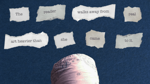 Words on torn paper reading: "The reader walks away from real art heavier than she came to it". Beneath is an image of David Foster Wallace's bandana, white with black details.