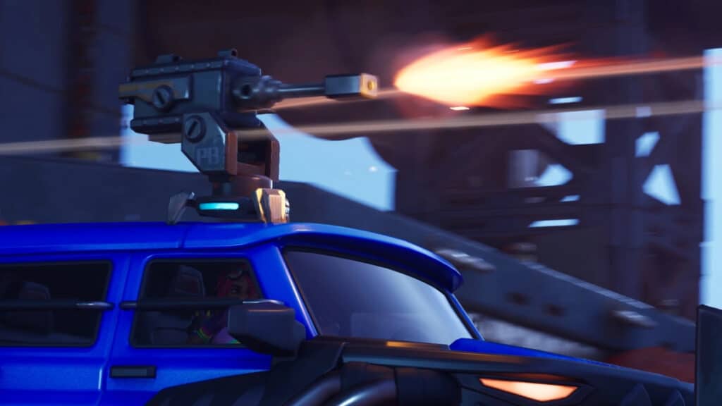 A machine gun turret mod on a car in Fortnite.