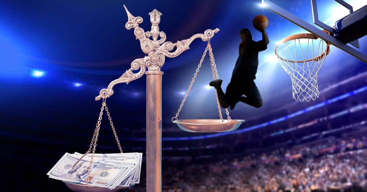 Graphic of a basketball player, supported by stacks of cash, potentially making a sho