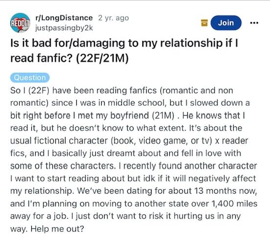 Reddit Post on Relationships and Fanfiction