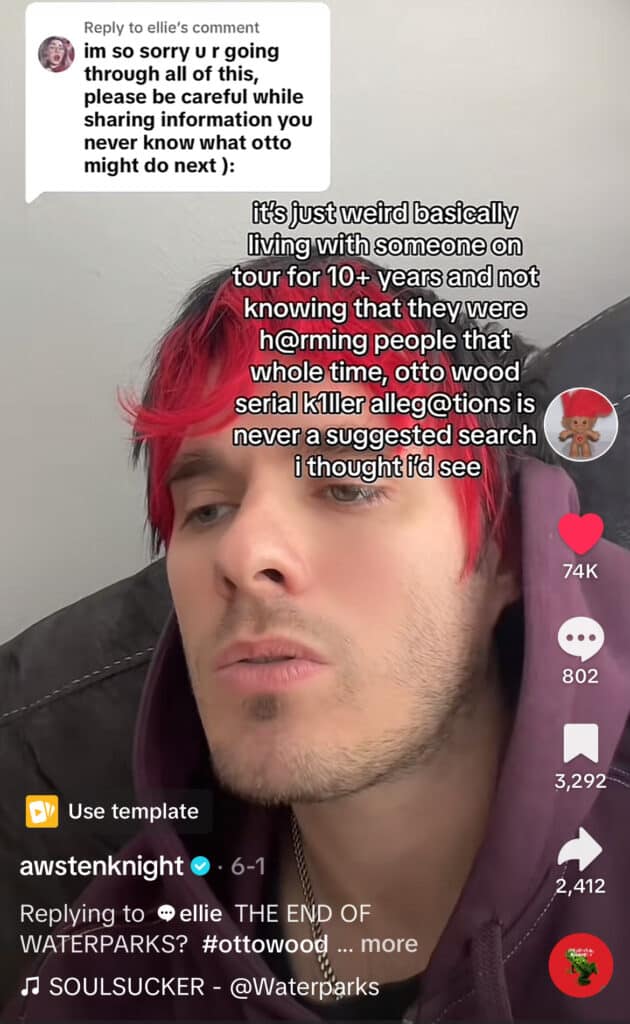 A screenshot of one of Knight's TikToks, with the caption "it's just weird basically living with someone on tour for 10+ years and not knowing that they were harming people that whole time, Otto Wood serial killer allegations is never a suggested search I thought I''d see."