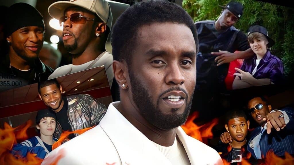 Picture of Sean "Diddy" Combs with Usher and Justin Bieber, highlighting the mysterious Puffy Flavor Camp.