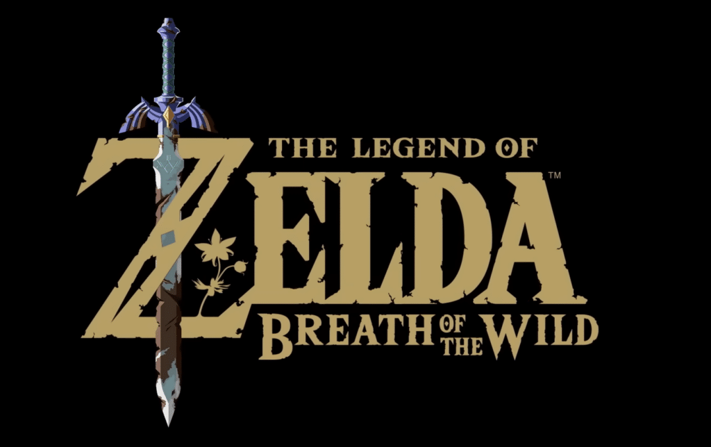 The logo for the video game The Legend of Zelda: Breath of the Wild. The Master Sword pierces through the "Z," and flowers have sprouted up at the base of the letter.