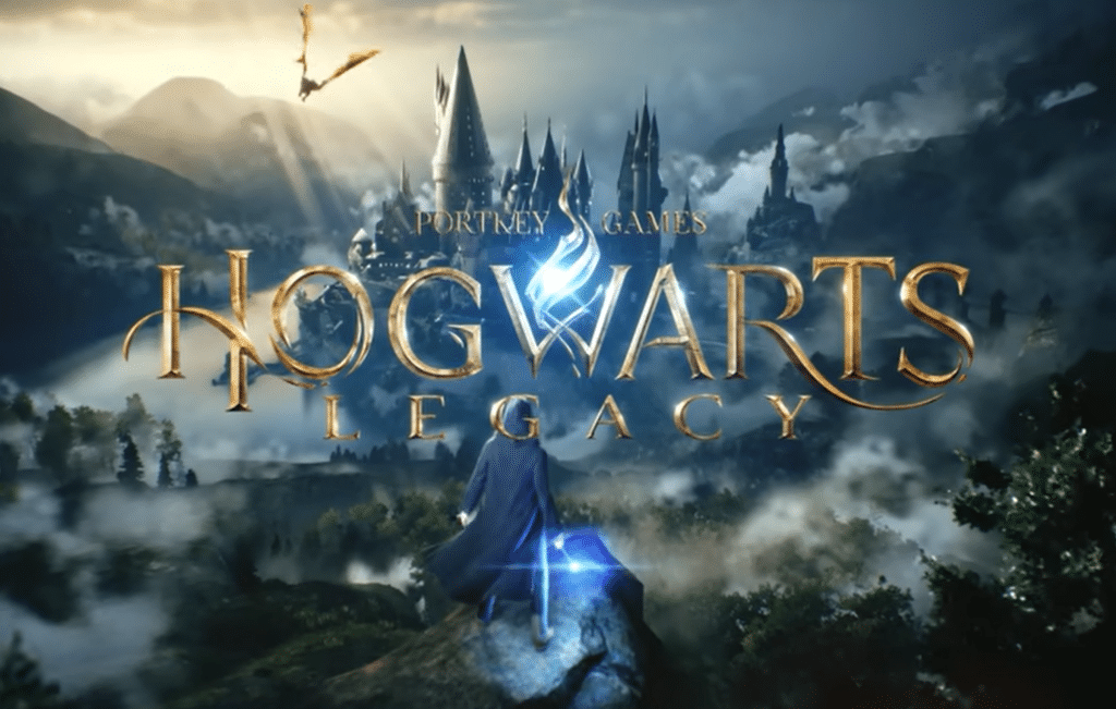 The title screen for the video game Hogwarts Legacy. Hogwarts Castle stands in the background with a cloaked wizard in the front. The title of the game appears in large text.