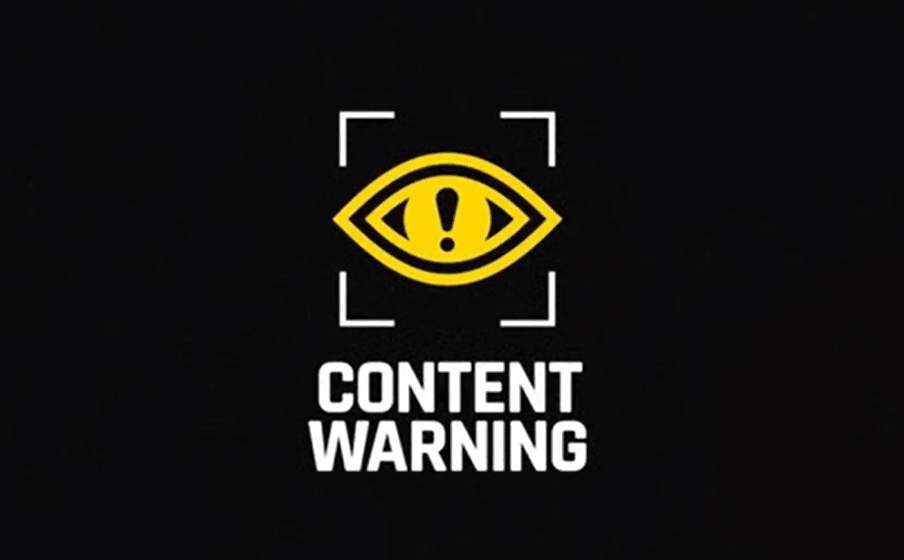The logo for the game Content Warning is a yellow outline of a cartoon eye with an exclamation point in the center. The title of the game sits below.