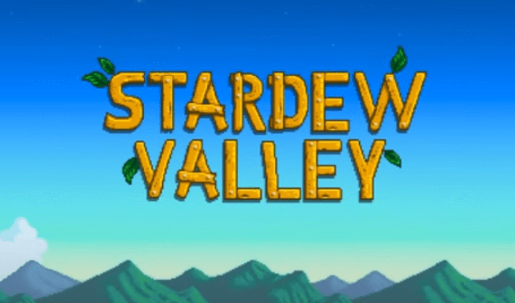 The Stardew Valley title card has the name against a backdrop of a blue sky with cartoon mountains bordering the bottom.